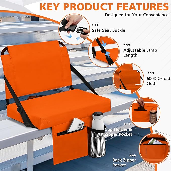 Stadium Seats for Bleachers 2 Pack w/Back Support Bleacher Seat Soft Cushion Light Weight Includes Shoulder Strap & Cup Holder, Front & Back Zipper Pocket, Suitable for Sports Events,Orange
