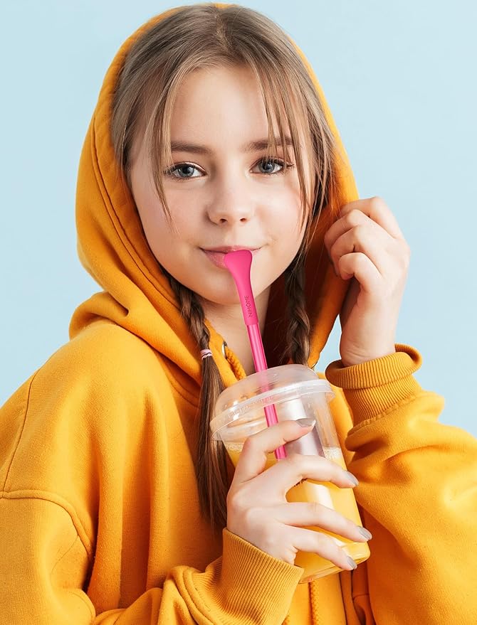 NiHome 6本 シワ防止ストロー シリコン製ワイド平型チップ付き ドリンク用プラスチックストロー Stanley 30oz 40oz タンブラー用 再利用可能 しわにならないプラスチック製ロングストロー ブラシ2本 BPAフリー (ピンクシリーズ)