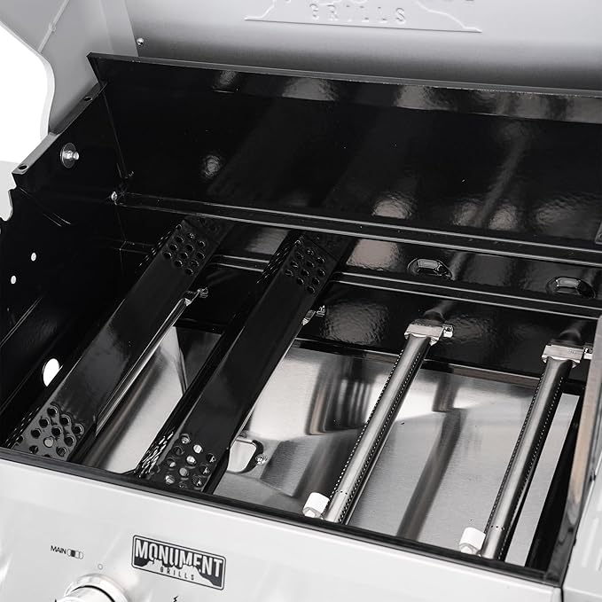 Monument Grills 4バーナー 液化石油ガスグリル シルバー ステンレス鋼製グリル パティオガーデンバーベキューグリル Clearview®蓋付き 折りたたみ式サイドシェルフ1つ付き Mesa400MF バーベキューカバー付き