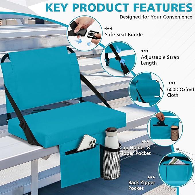Stadium Seats for Bleachers with Back Support Bleacher Seat Soft Cushion Light Weight Includes Shoulder Strap & Cup Holder, Front & Back Zipper Pocket, Suitable for Sports Events,Cyan