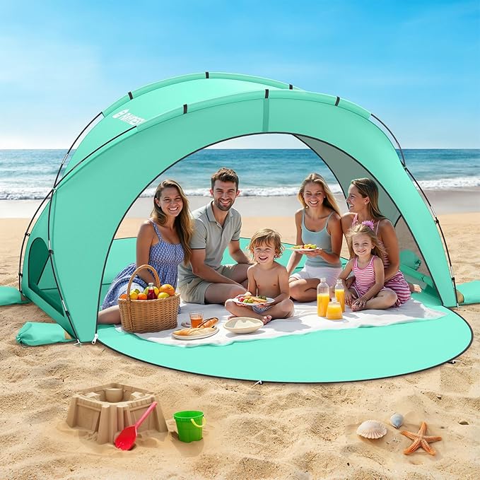 Beach Tent Sun Shelter, Beach Shade Tent with UPF50+ UV Protection, Sun Shelter for 1-6 Person, Beaches Shade with 2 Zippered Doors, Portable Tents for Camping Fishing, Green