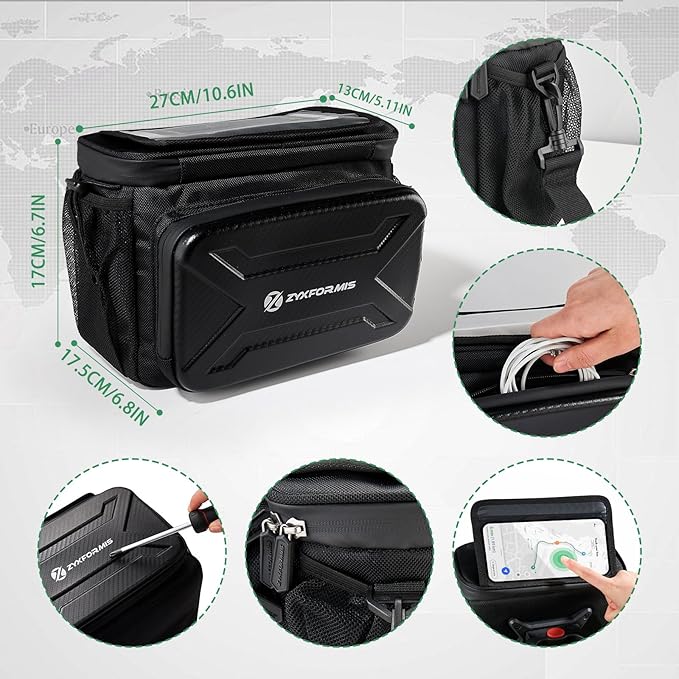 Bike Handlebar Bag with Touch Screen Phone Holder, 6L Large Water Resistant Bike Basket Front Bag with Handlebar Adapter, Reflective Bike Storage Pouch with Shoulder Strap for Bicycle and E-bike