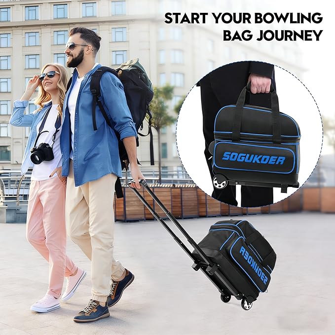 2 Bowling ball Bag with Wheels, Lightweight Trolley Double Ball Bowling bag with Large Separate Shoe Compartment and Oversized Accessory Pocket, Retractable Handle Extends To 39.5"