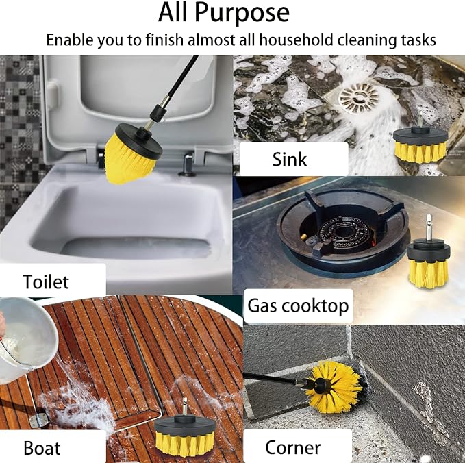 8 Pack Drill Brush Attachment Set, 1/4in Power Scrubber Brush + Extend Long Rod, Brush Drill Attachment, Power Cleaning Scrub Brush for Bathroom, Tub, Tile, Corner, Floor(Black)