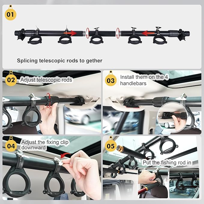 Hikeen Fishing Rod Holder for Car, Vehicle Fishing Pole Holder Roof Rack Inside,5 Rod Capacity, Heavy Duty Adjustable 28-59 Inch, Fishing Rod Carrier Pole Storage for Trucks,SUV, Wagons, Van