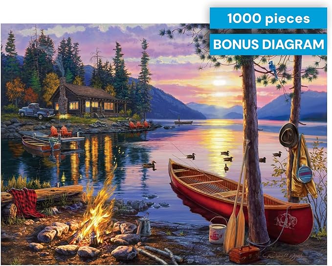Buffalo Games - Canoe Lake 1000 Piece Puzzle for Adults - Jigsaw Puzzles – Darrell Bush Cabin Sunset Artwork with Poster – Challenging Outdoor Nature Scene