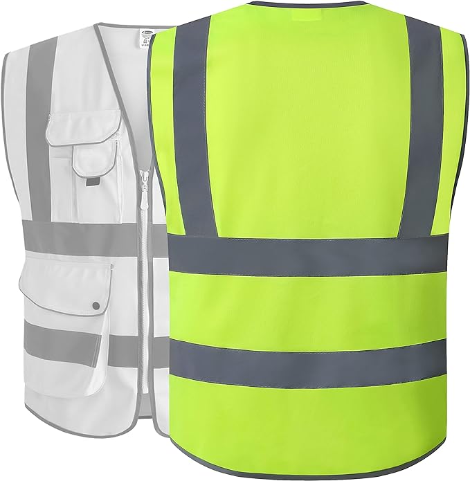JKSafety 9 Pockets Class 2 High Visibility Zipper Front 6 Pack Safety Vest With Reflective Strips,Meets ANSI/ISEA Standard (155 Yellow M