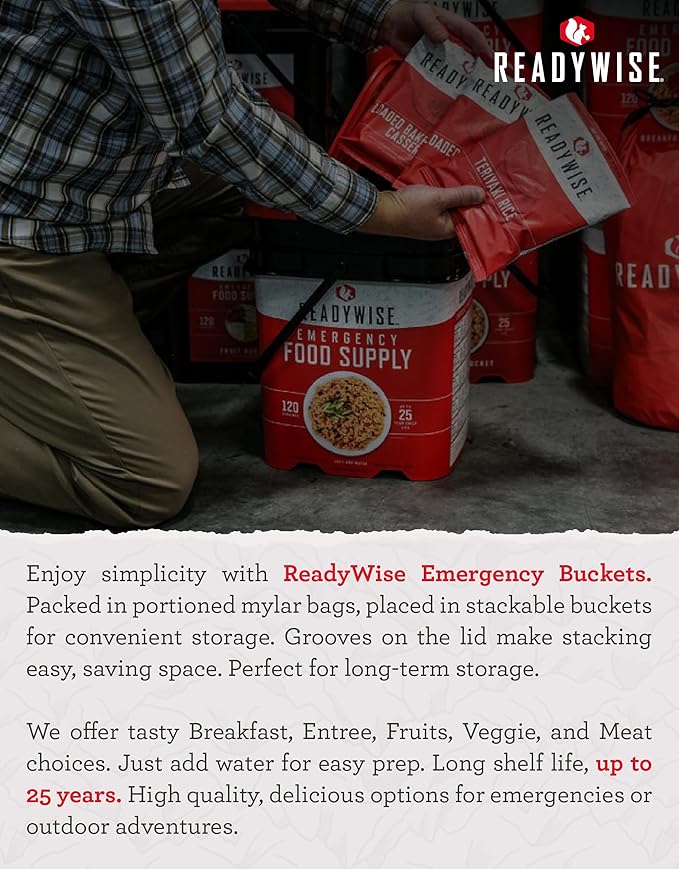 ReadyWise 非常食 – 120食分 朝食バケツ、フリーズドライ&乾燥食品、バックパッキング、キャンプ用品、備蓄用品に最適なサバイバル食料キット、最長25年の保存期間