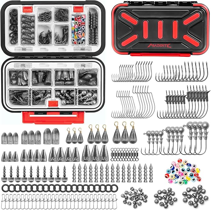 MadBite by KastKing 182/265/400pcs Compact Fishing Tackle Kit - All-in-One Freshwater Hooks, Weights, Bobbers in Tackle Box, Fishing Gear Set for Bass Trout Panfish