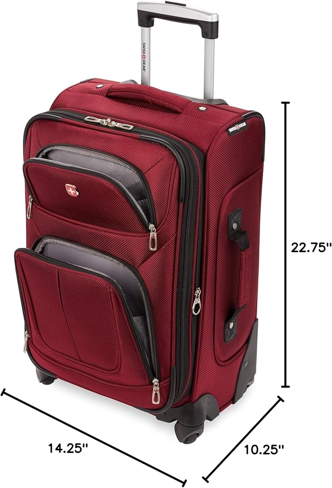 SwissGear Sion ソフトサイド 拡張可能ラゲージ – 360度回転ホイールと格納式ハンドル付き機内持ち込みスーツケース – 21インチ、1~3泊の旅行に最適 – バーガンディ