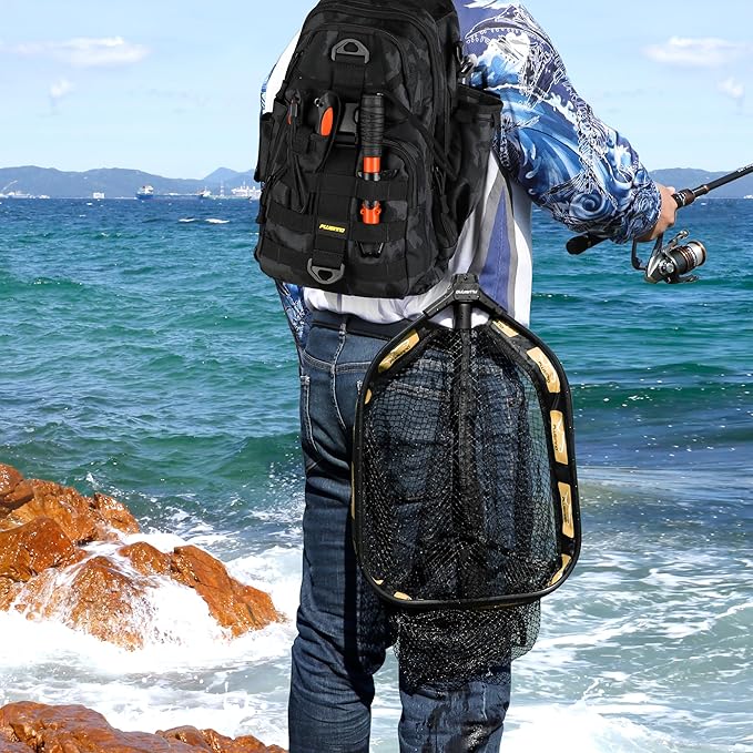 PLUSINNO Floating Fishing Net for Steelhead, Salmon, Fly, Kayak, Catfish, Bass, Trout Fishing, Rubber Coated Foldable Landing Net with Fixed or Telescoping Pole Handle, Fishing Gear and Gifts for Men