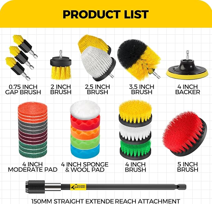 Holikme 30Pack Drill Brush Attachments Set,Scrub Pads & Sponge, Power Scrubber Brush with Extend Long Attachment All Purpose Clean for Grout, Tiles, Sinks, Car Polishing Pads
