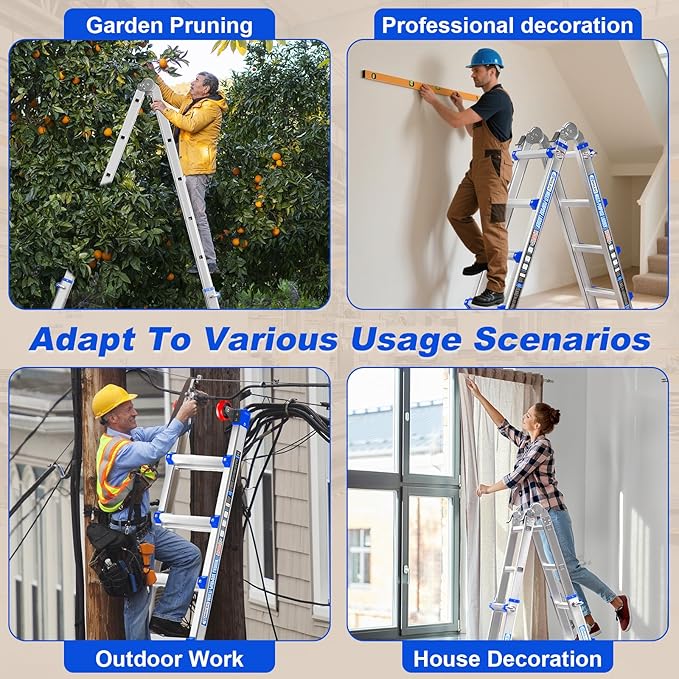 Telescoping A-Frame Ladder- 20FT Folding Extension Ladder with Wheels & Stabilizer Bar, 330lb Security Load Multi Position Ladders for Stairs Home Indoor Outdoor Roof