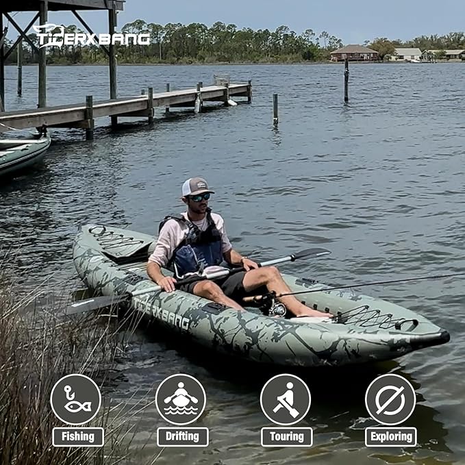 TIGERXBANG Inflatable Kayak with Detachable Seat,12.6'x40''x10.6''SUP-Kayak Set (Hand Pump/Aluminium Paddle/Backpack/and Multi-Functional Base),Adult/Kid Kayak Boat for Fishing ,Touring