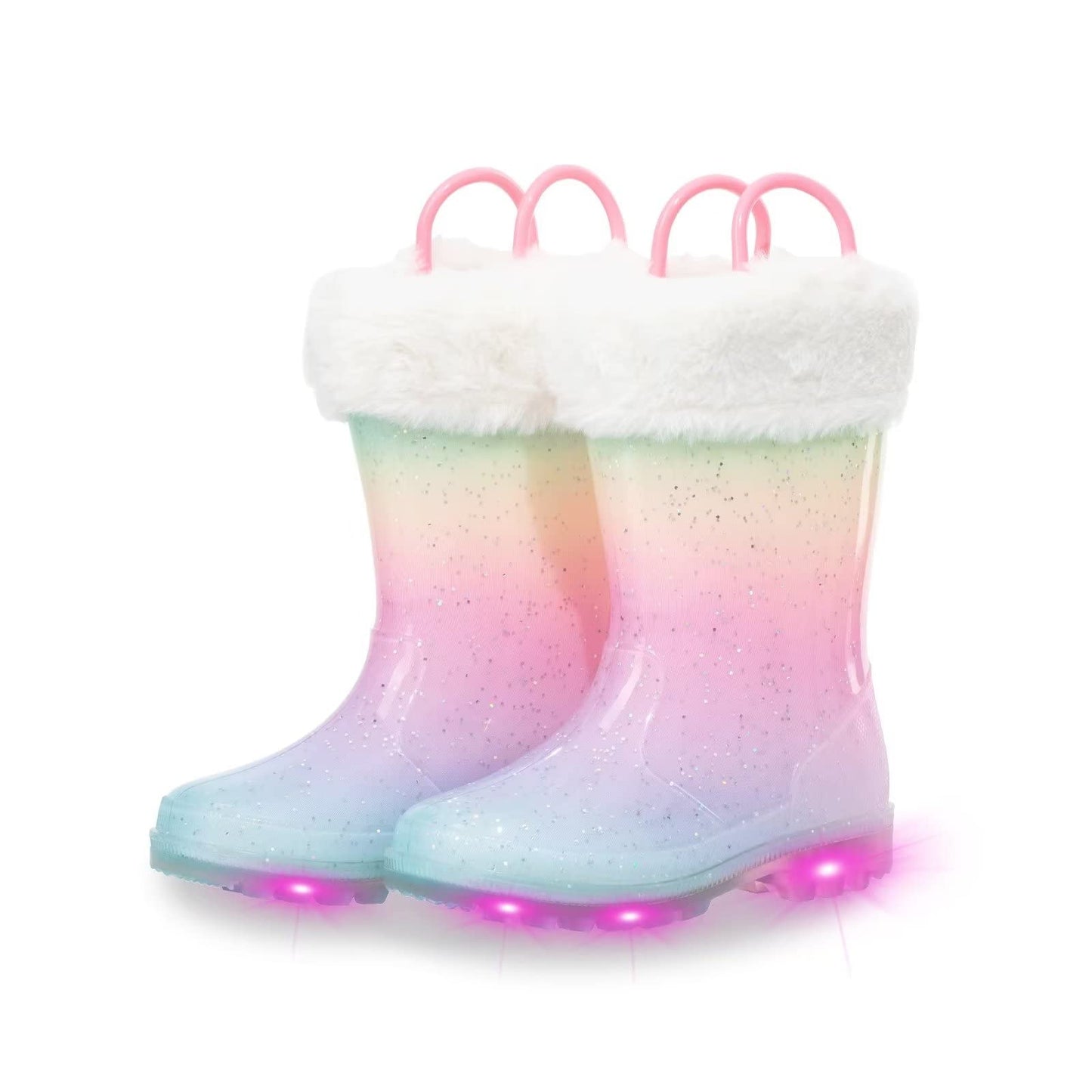 EUXTERPA Light Up Glitter Girls Rain Boots Kids Winter Rain Boots with Warm Lining Toddler Waterproof Boots with Handles Toddler size 8 Pink