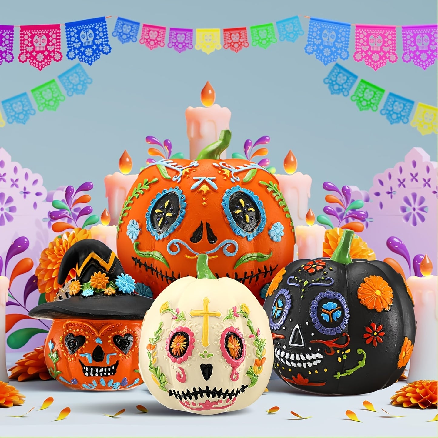 4pcs Halloween Decorations, Halloween Skull Pumpkin Statue Decorations, Pumpkin Halloween Decorations, Mexican Holiday Party Supplies