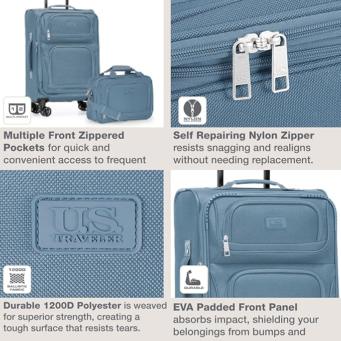 U.S. Traveler リオ 軽量ソフトサイド ローリング機内持ち込みスーツケース 4輪シングル ライトブルー