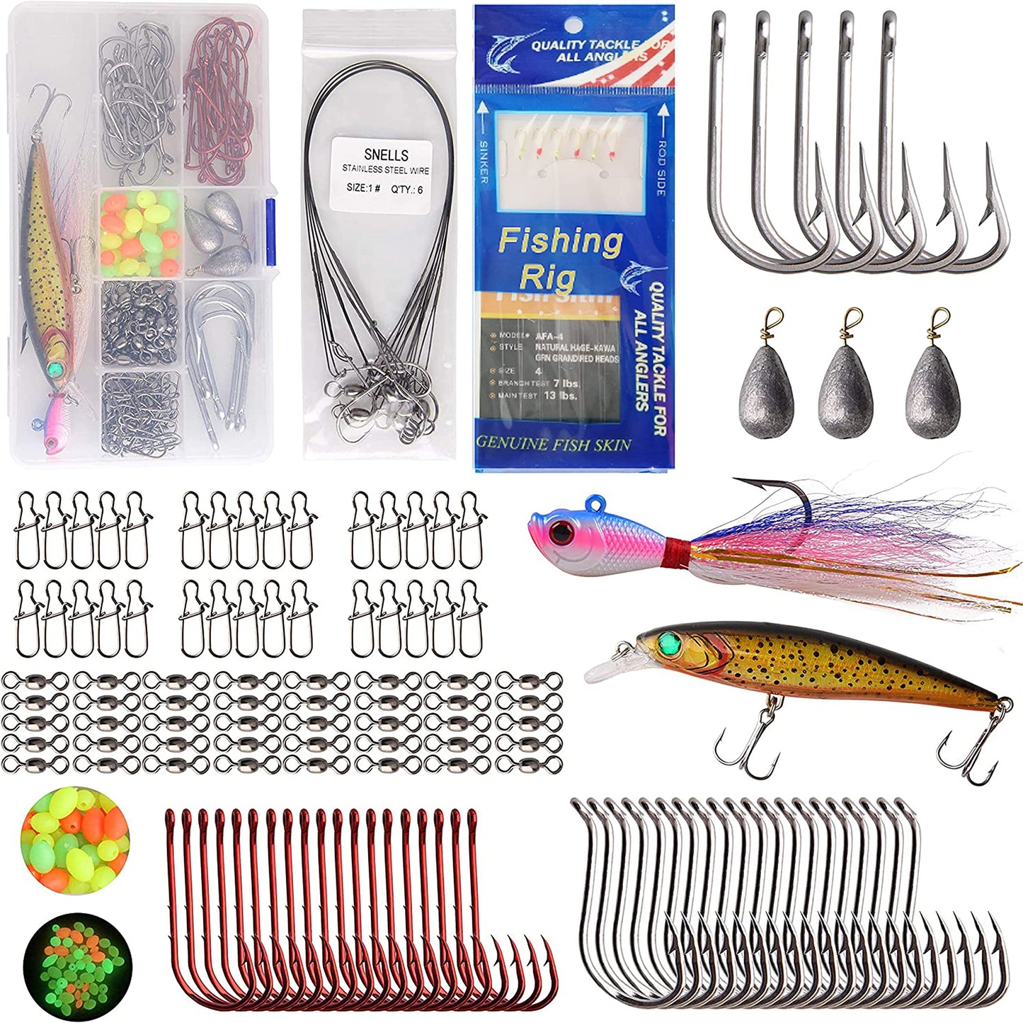 Saltwater Fishing Tackle Box Kit Surf Fishing Gear Tackle Set Includes Surf Fishing Lures Saltwater Bait Rigs Spoon Jigs Pyramid Weights Fishing Swivel Hooks Wire Leaders Accessories (157pcs Kit)