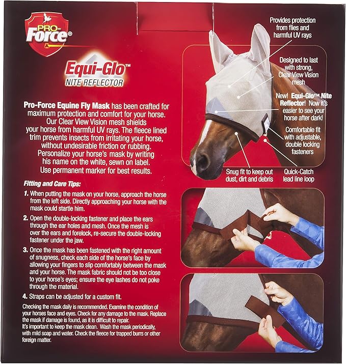 Manna Pro, Pro-Force Equine Fly Mask with Ears & Equi-Glo Reflector, Horse Mask(s), Mask for Horses, Durable Clear-View Mesh, UV Protection, Adjustable, Fits 900–1200 lb Horses