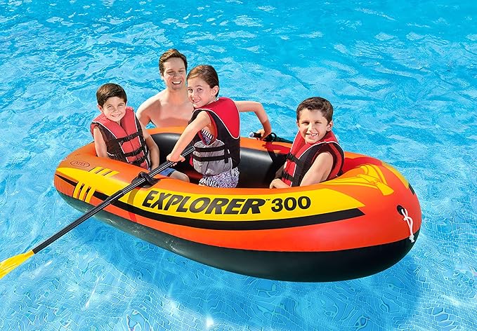 INTEX Explorer Inflatable Boat Series: Dual Air Chambers – Welded Oar Locks – Grab Handles – Bow Rope – Sporty Design