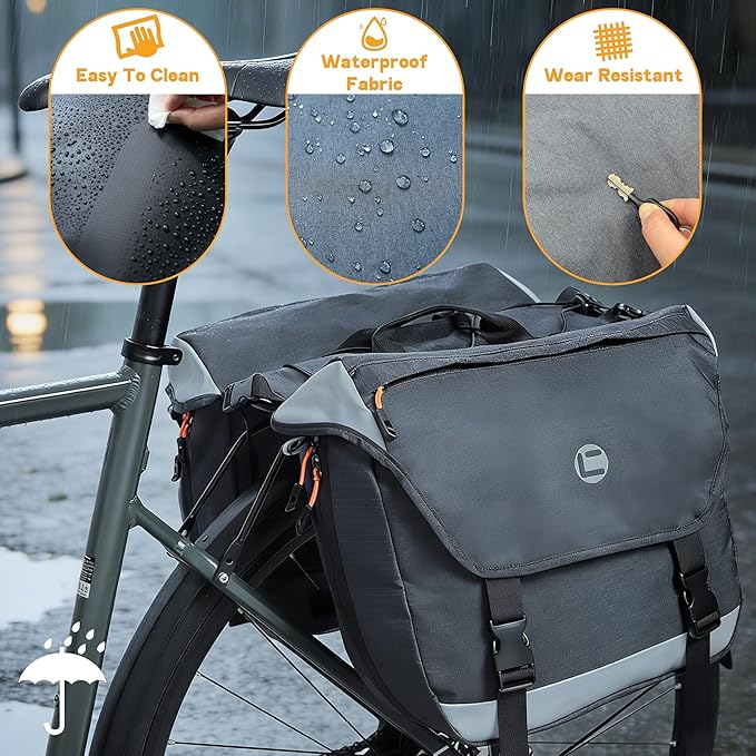 Bike Panniers, 25-35L Expandable Bike Saddle Bag for Rear Rack, Waterproof Large Capacity Reflective Strip Bicycle Panniers, Ebike Accessories for Commuter Grocery Shopping Travel Carrier