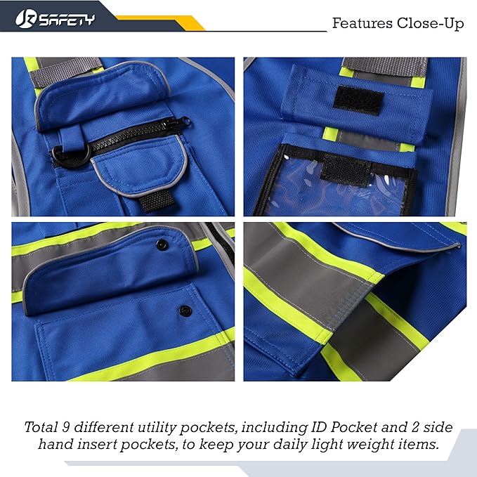 JKSafety 9 Pockets Hi-Vis Safety Vest High Visibility Reflecitive Safety Vests for Men and Women Work Utility PPE Work Gear ANSI/ISEA compliant (902-Blue 3XL)
