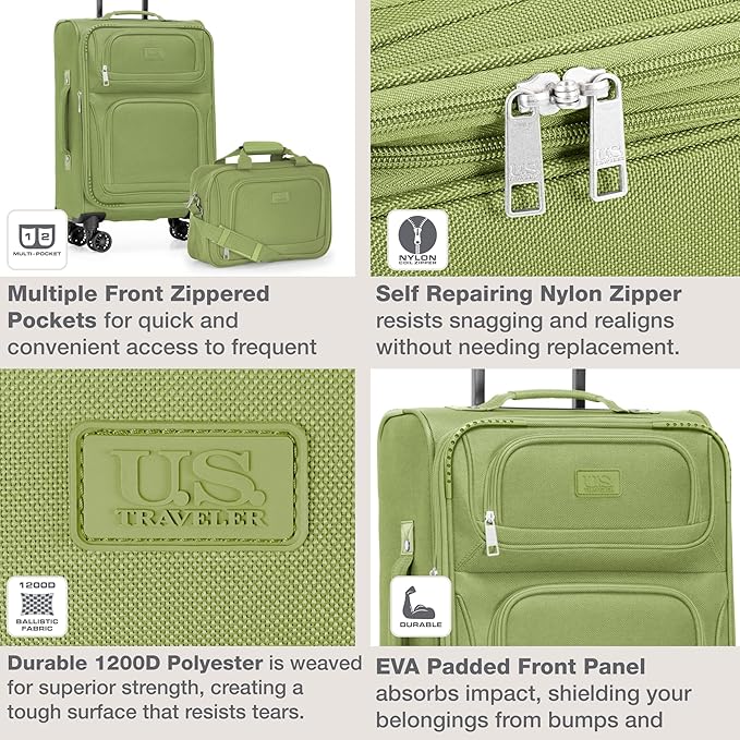 U.S. Traveler Rio Lightweight Softside Rolling Carry-on Suitcase, 4-Wheel Single, Light Green
