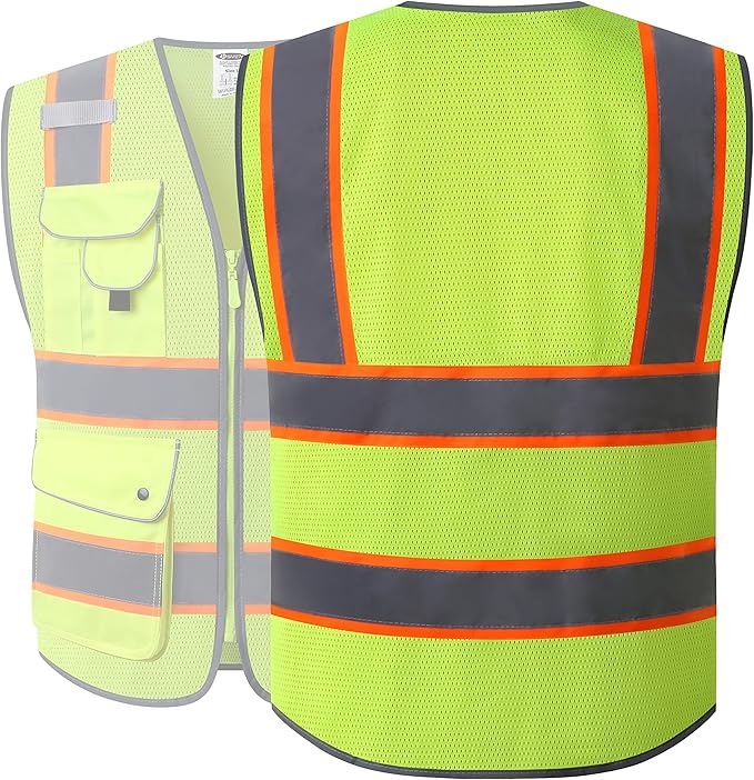 JKSafety 9 Pockets Hi-Vis Neon Yellow Zipper Front MESH Safety Vest with Fluorescent Orange Extend Edge outlining the Reflective Tapes Meet ANSI/ISEA Class 2 Standard (100-Yellow, 4XL)