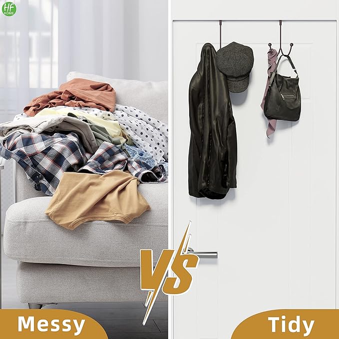 HFHOME 4Packs Over The Door Double Hanger Hooks, Metal Twin Hooks Organizer for Hanging Coats, Hats, Robes, Towels- Brown