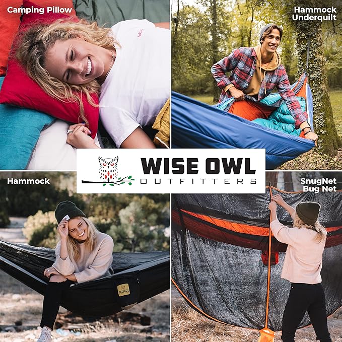 Wise Owl Outfitters キャンプハンモック – 耐荷重500ポンド ポータブルハンモック ツリーストラップ付き – 旅行、バックパッキング、ハイキング、アウトドアキャンプ用品 – シングルまたはダブル