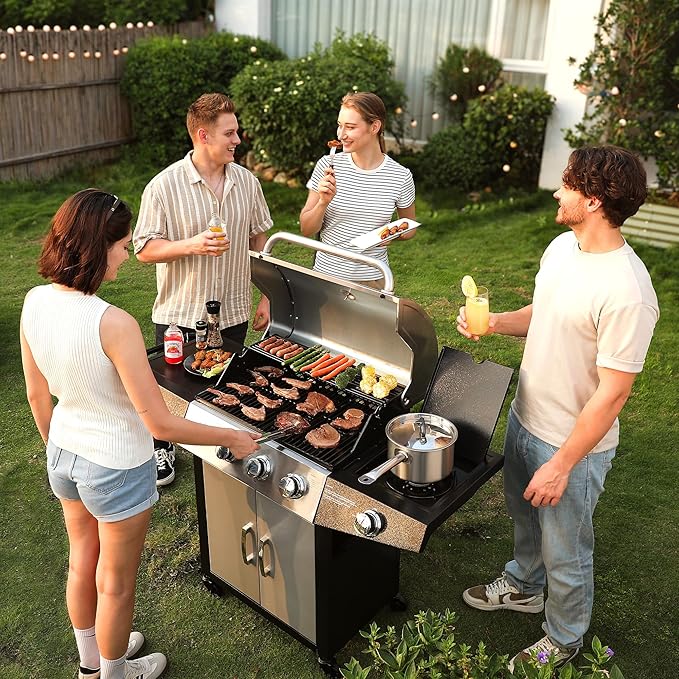 MASTER COOK 4+1 Burners Gas Grill, 518 Sq.in.Cooking Area, 52,000 BTU Propane Grill with Side Burner, Stainless Steel Cabinet Grill, Silver & Black