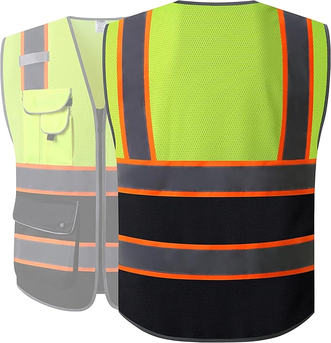 JKSafety 9 Pockets High Visibility Dual Color Zipper Front MESH Lite Safety Vest | Orange Color Triming Reflective Strip | ANSI/ISEA Standards (100-Yellow-Black, XXL)
