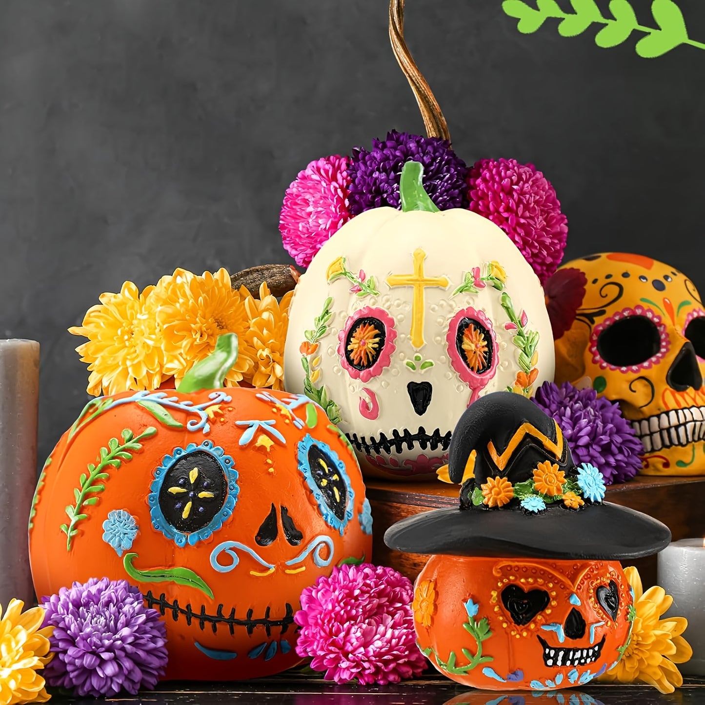 4pcs Halloween Decorations, Halloween Skull Pumpkin Statue Decorations, Pumpkin Halloween Decorations, Mexican Holiday Party Supplies