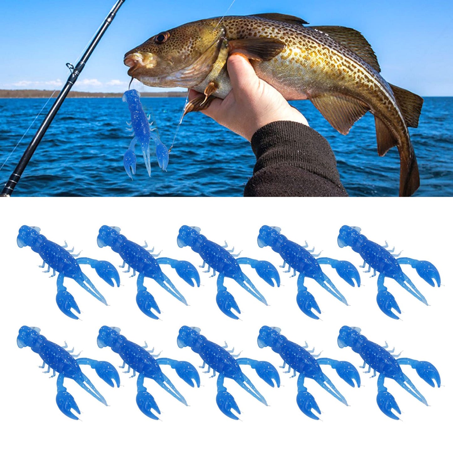 Gavigain 10PCS Soft Fishing Lure Fishing Soft Plastic Lures Crawdad Bait PVC Shrimp Artificial Soft Lure Baits for Bass Crawfish Lures Jig Head Kit (Blue)