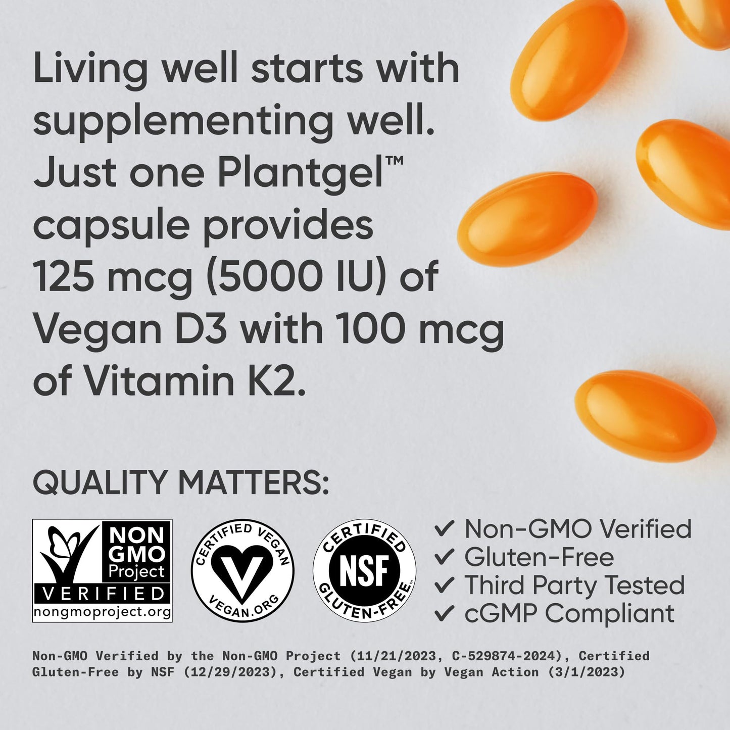 Vitamin D3 K2 With Coconut Oil Plant Based Vitamin K2 MK7 Vegan D3 5000iu Vegan Certified, Soy Gluten Free - 60 Count Softgels
