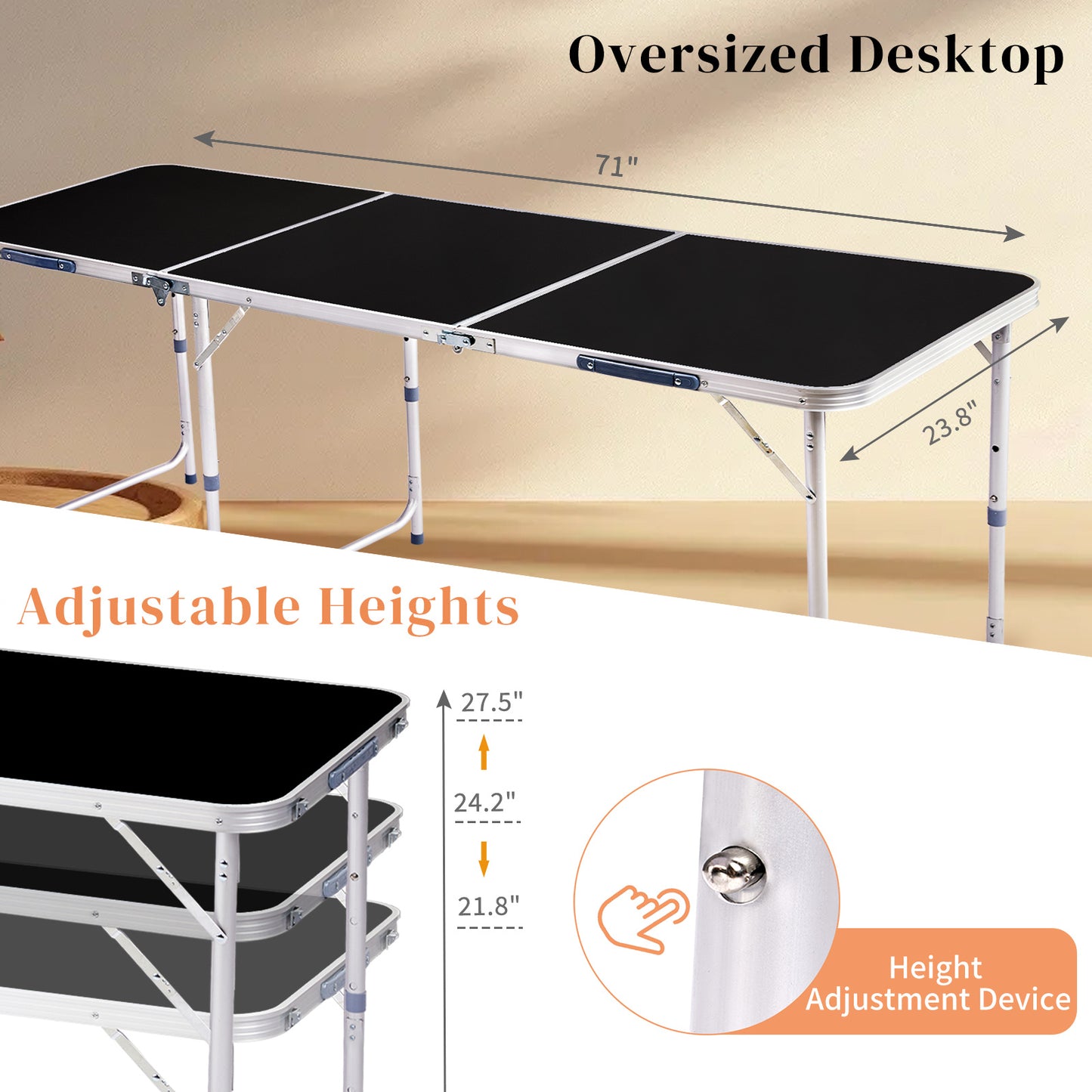 6ft Black Outdoor Folding Table Aluminum Alloy Rectangular 50kg Tri-fold Tabletop