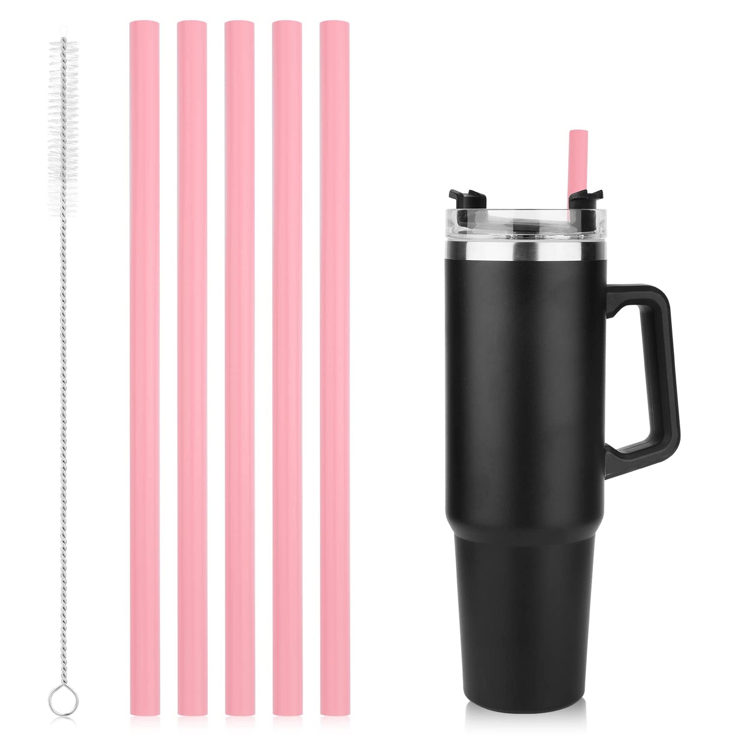 Stanley Adventure Travelタンブラー40oz用交換ストロー5本、Stanley IceFlowタンブラー、Stanley Flip Strawタンブラー用シリコンストロー、クリーニングブラシ付き、再利用可能ストロー(ピンク)