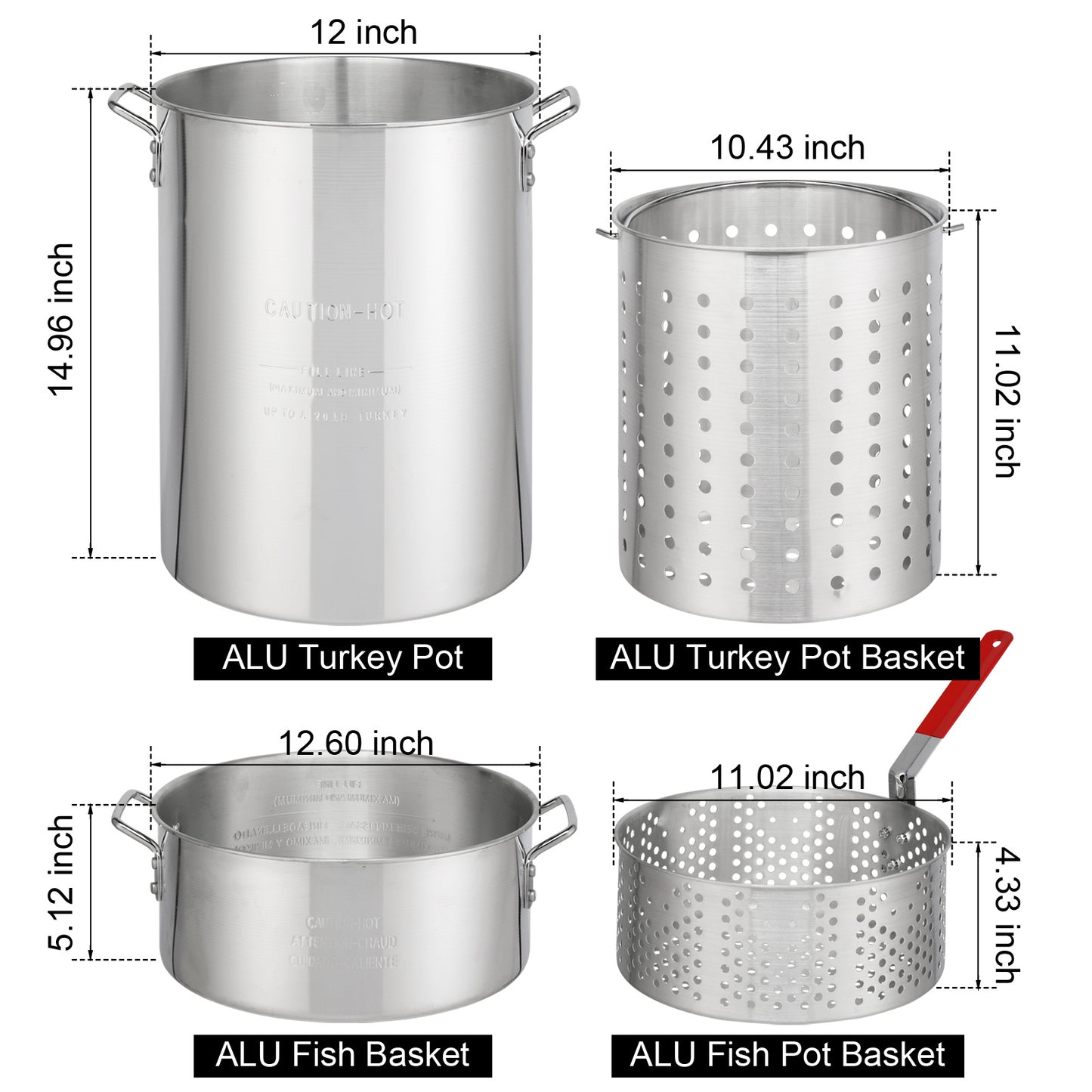 30QT Turkey Pot, 10QT Fish Pot, Four Piece Set, Black Circular Iron Frame, Silver Aluminum Pot, Gas Fryer