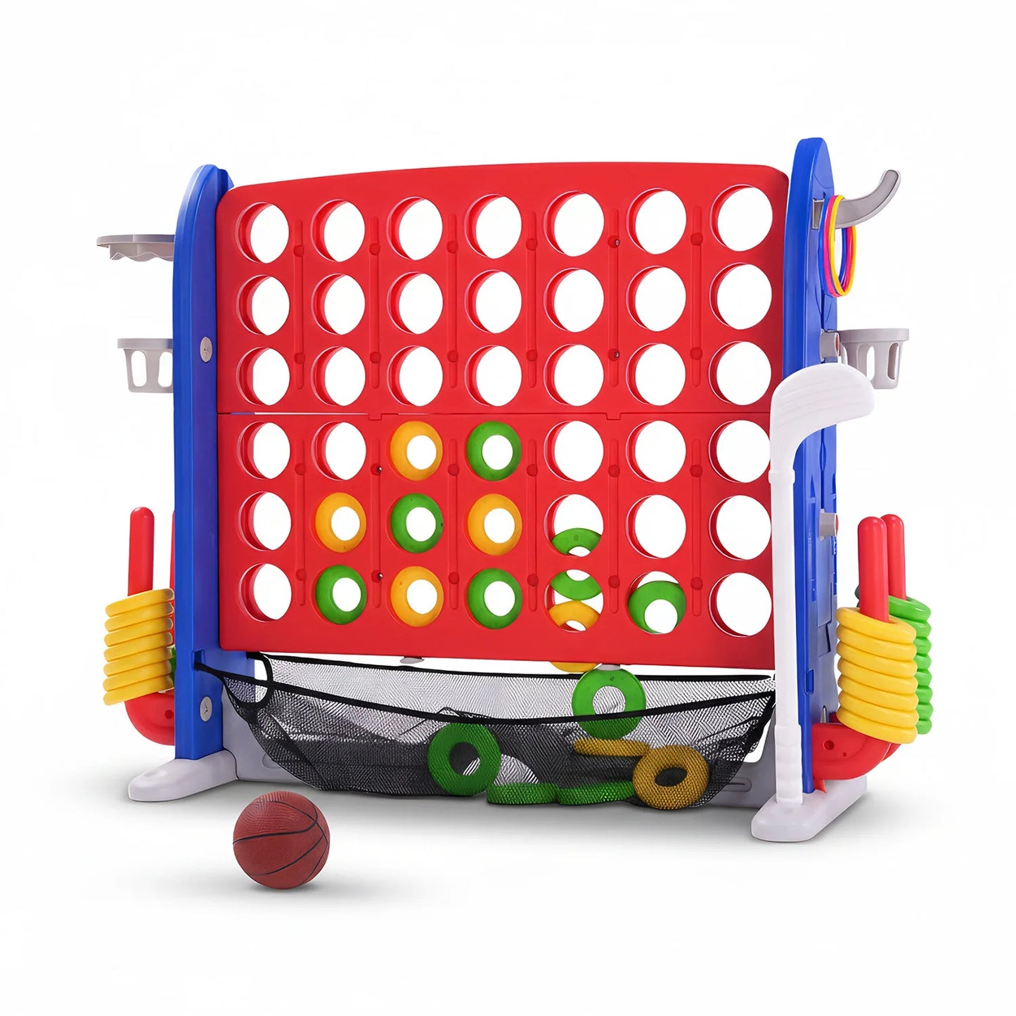 4-in-1 Giant Connect Game Set Adjustable Height, Basketball Hoop, Ring Toss and Net Jumbo Outdoor Yard Game for Families Events