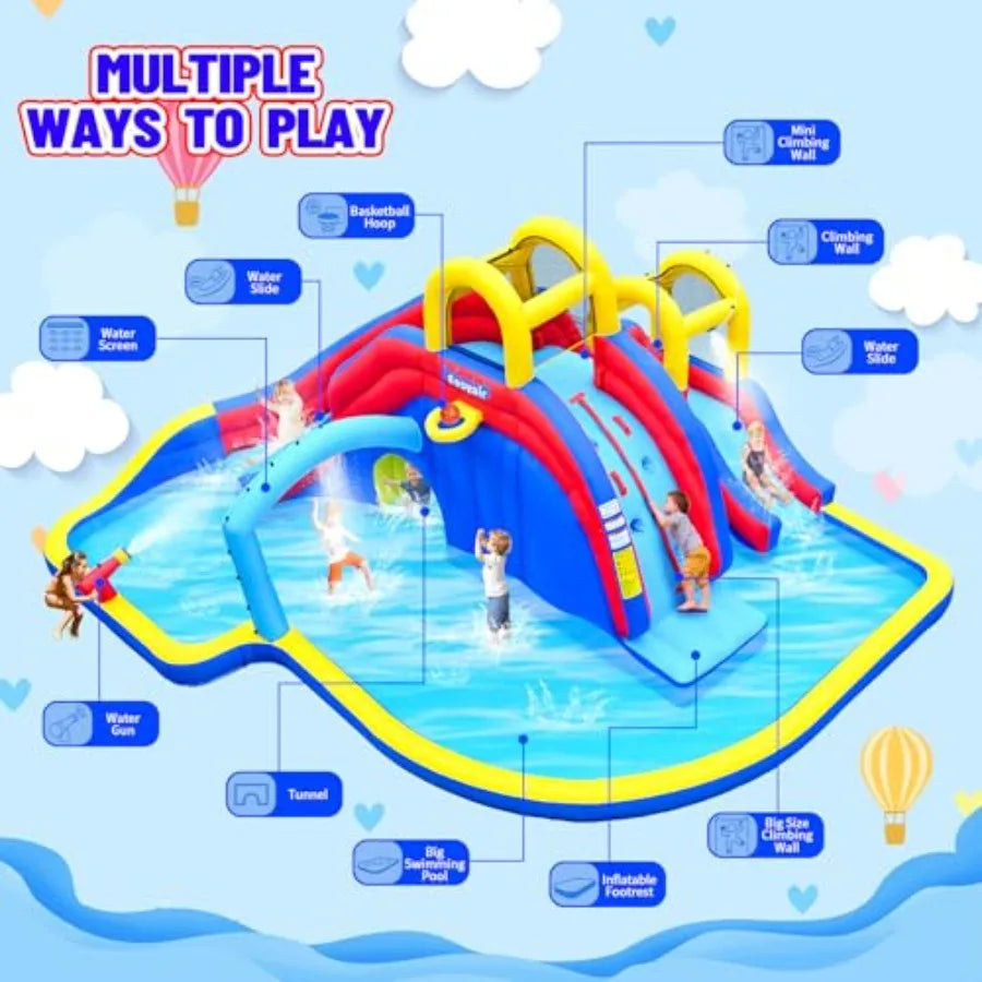 Inflatable Water Slide Bounce House with 650W Blower 2 Climbing Walls 2 Slides 2 Splash Pool Basketball Hoop Water Gun 216 x 19