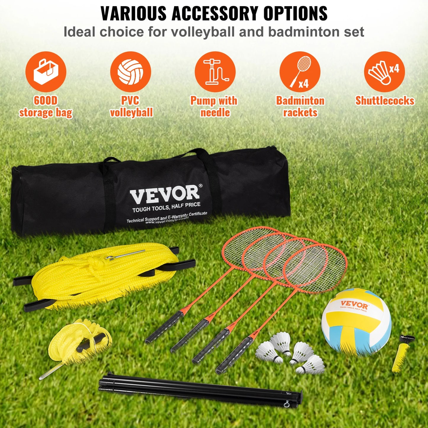 SucceBuy Outdoor Volleyball & Badminton Set Adjustable Steel Poles Professional Set with Carrying Bag for Backyard Beach Lawn