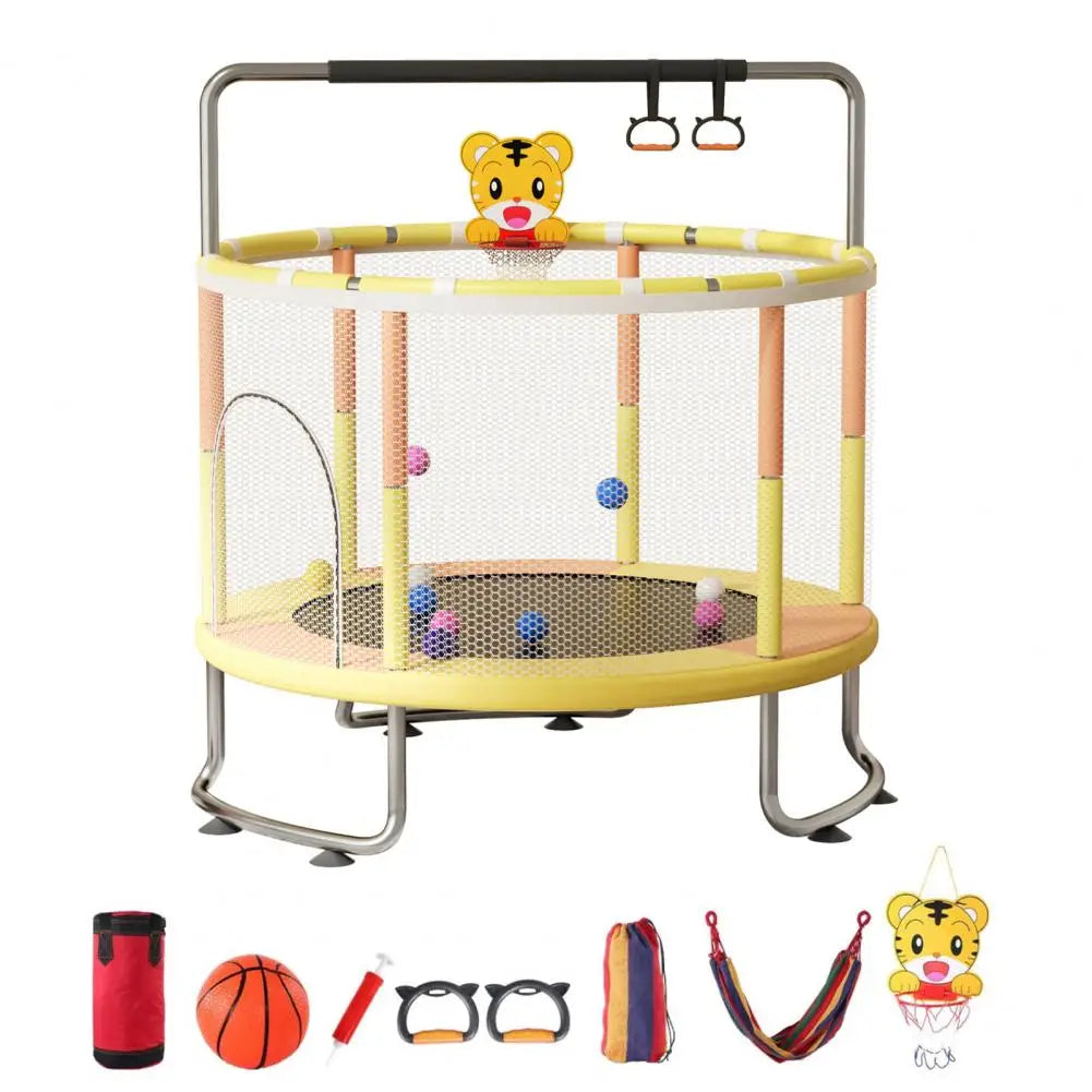 5FT Kids Trampoline, Adjustable Baby Toddler Trampoline with Basketball Hoop, Swing, Sandbag, Ocean Balls, 440lbs Indoor Outdoor