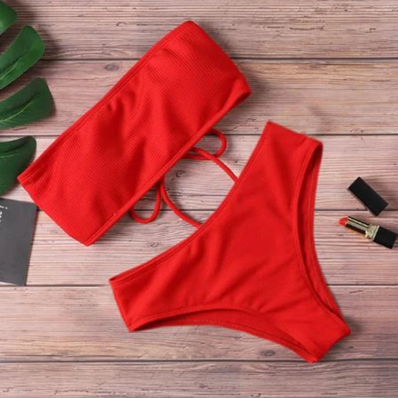 New Bikini High Waist Strapless Sexy Bikini Women Swimwear Women Fashion Swimsuit Padded Bathing Suit Monokin Pure Color