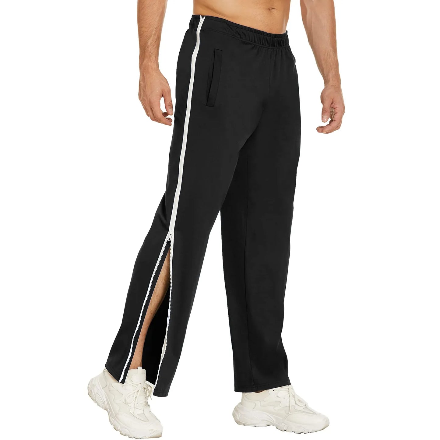Men's Cotton Casual Sports Pants Side Buttons Basketball Zippers Fully Cut Postoperative Pocket Trouser Elastic Waist Pants