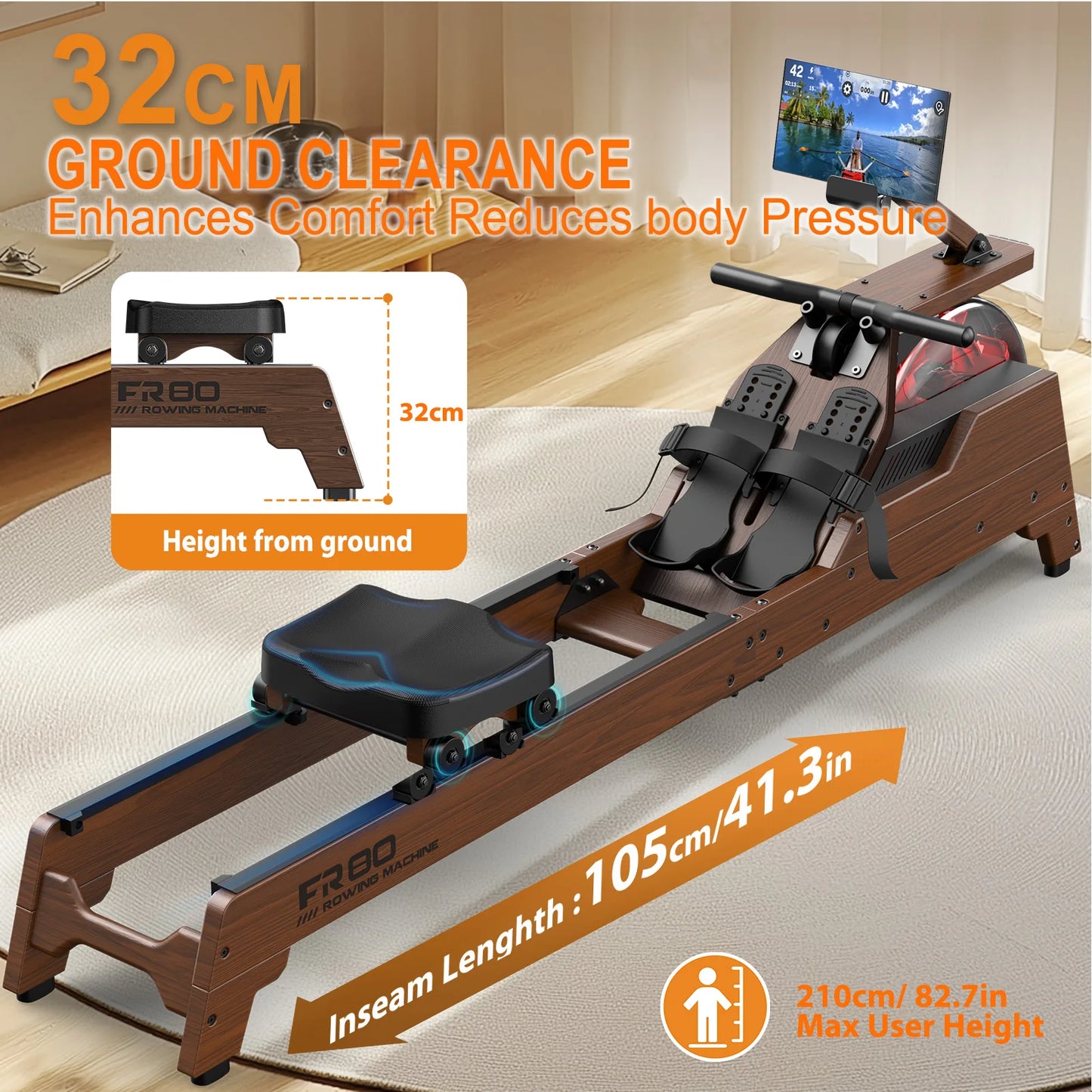 Fysiq Rowing Machine for Home: Wooden Water Rower with Vertical Water Tank, Bluetooth Compatible, for Users up to 210 cm Tall