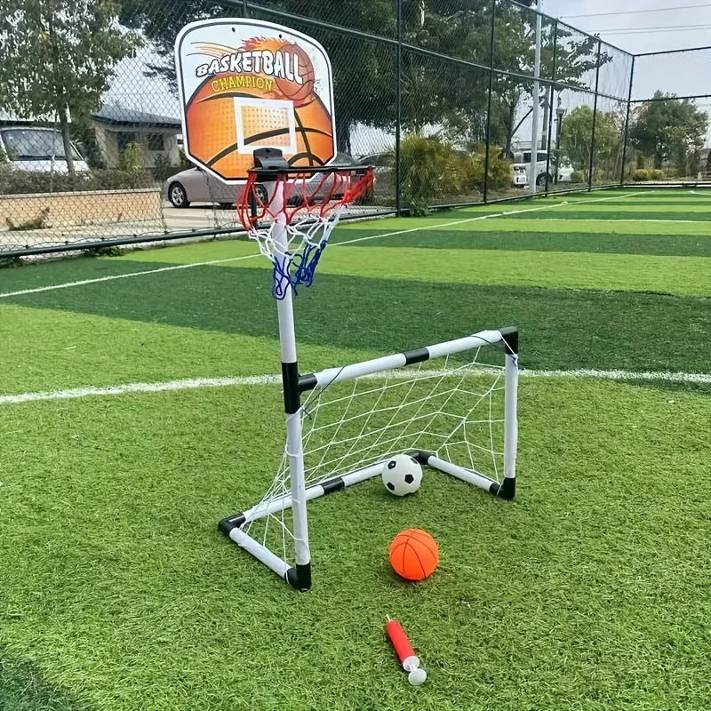 2-in-1 football goal and orange basketball hoop, perfect as gifts for Halloween, Christmas, Thanksgiving and birthdays.