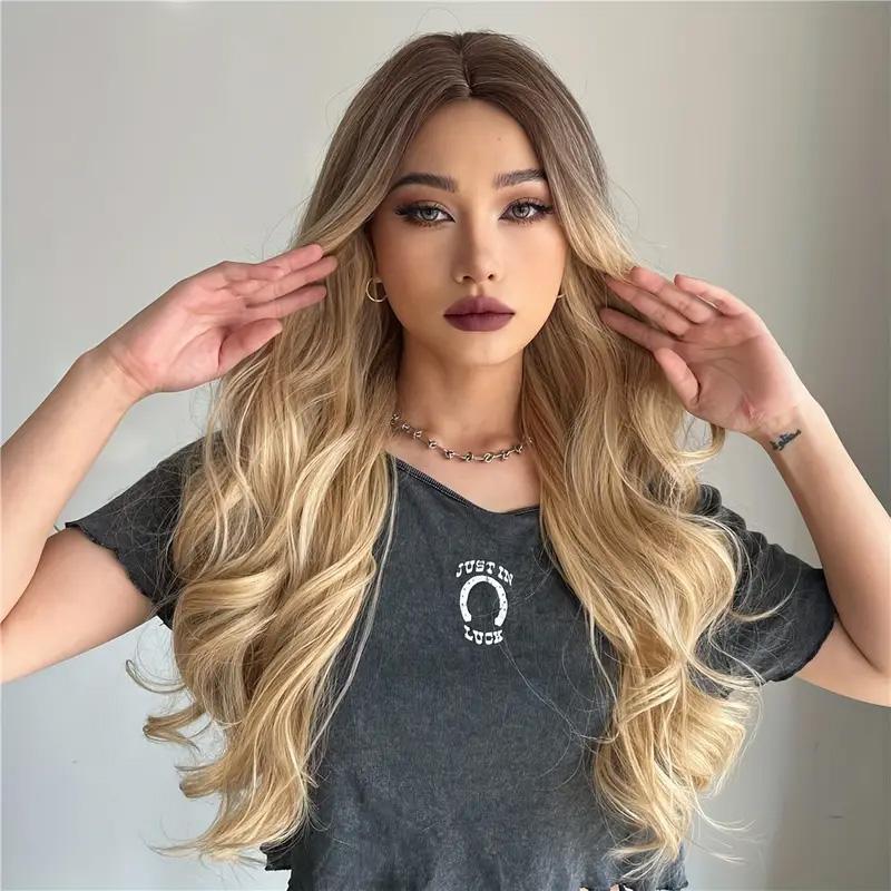 26 inch long ash blonde wig with bangs, natural wavy hair - perfect for everyday wear, middle part style bald women hair loss women