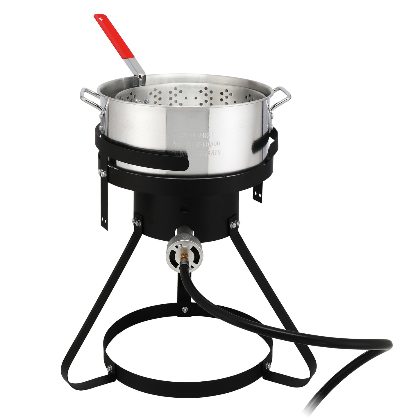 30QT Turkey Pot, 10QT Fish Pot, Four Piece Set, Black Circular Iron Frame, Silver Aluminum Pot, Gas Fryer