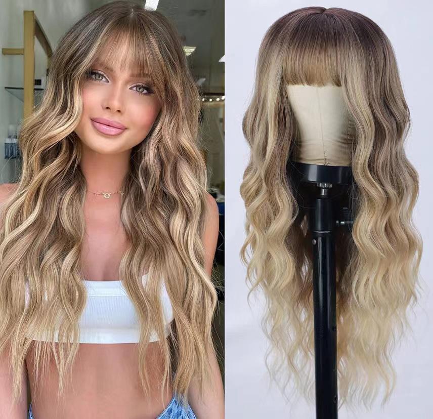 26 inch long ash blonde wig with bangs, natural wavy hair - perfect for everyday wear, middle part style bald women hair loss women