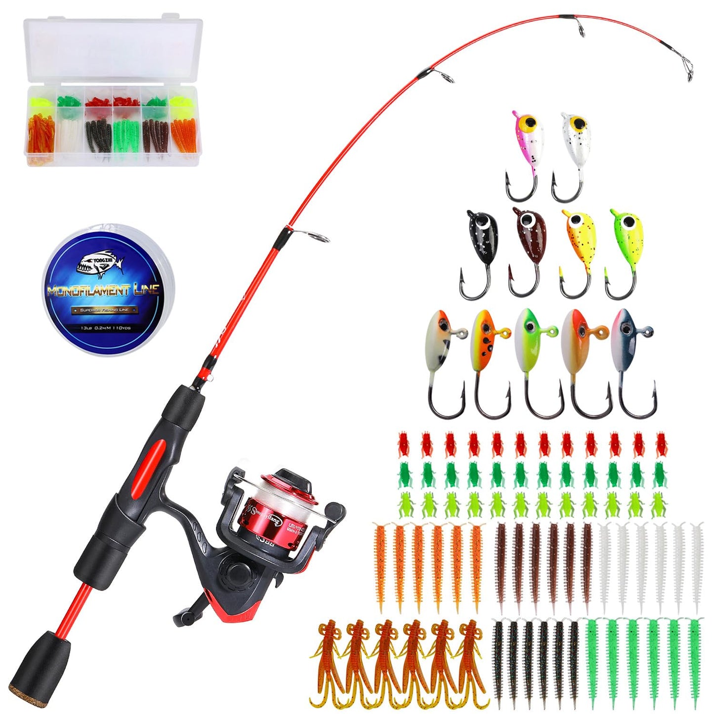 Sougayilang Ice Fishing Rod Reel Combo 27 Light/Medium Ice Spinning Rods EVA Handle Ice Rod Set Ice Fishing Gear with Ice Fishing Jigs Ice Fishing Kit-27 Light